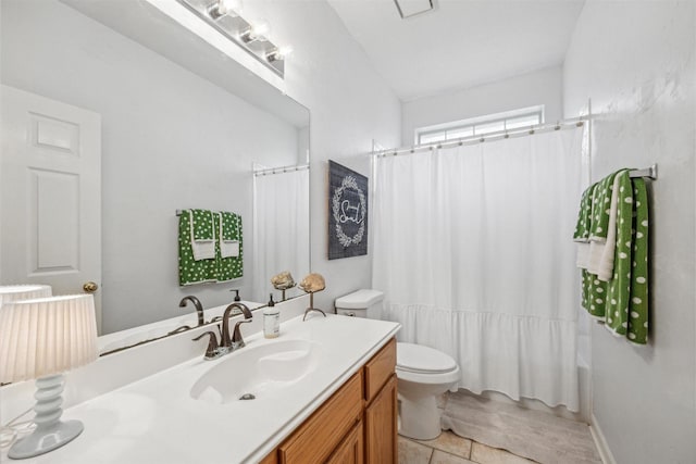 bathroom featuring shower / bathtub combination with curtain, toilet, and vanity