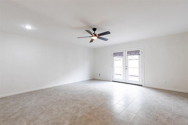 unfurnished room featuring french doors, ceiling fan, and baseboards