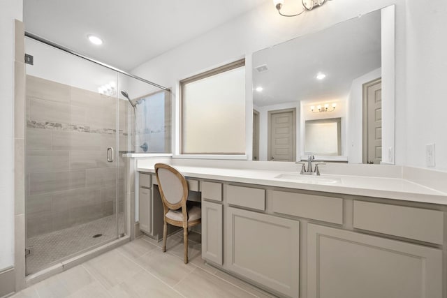 bathroom featuring recessed lighting, visible vents, a stall shower, vanity, and tile patterned floors