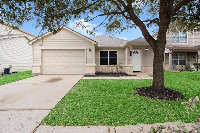 ranch-style home with a garage, brick siding, concrete driveway, roof with shingles, and a front lawn