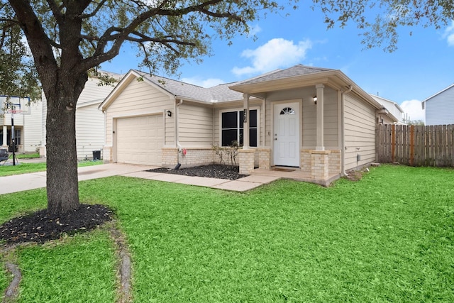 single story home with an attached garage, brick siding, fence, concrete driveway, and a front lawn