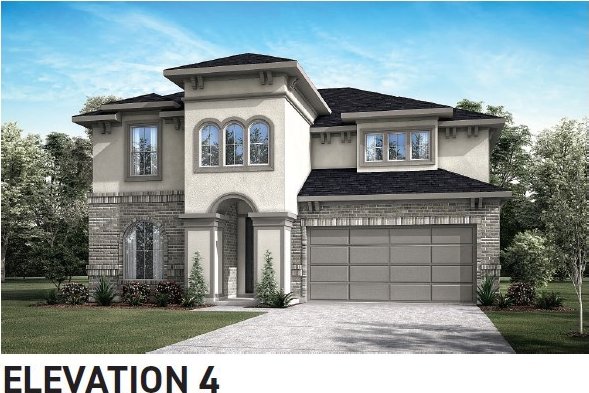 view of front of home with an attached garage, brick siding, driveway, stucco siding, and a front lawn