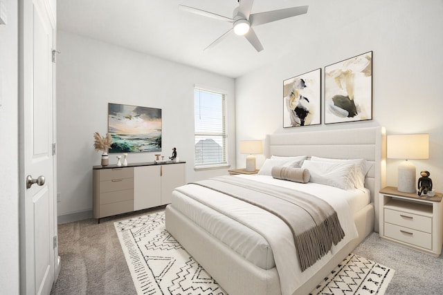 bedroom featuring a ceiling fan and light colored carpet