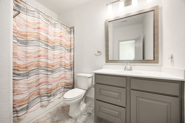 full bath with visible vents, marble finish floor, vanity, and toilet