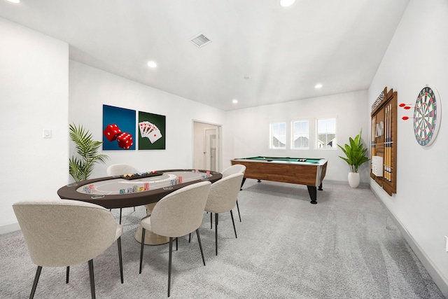 recreation room featuring baseboards, carpet flooring, visible vents, and recessed lighting