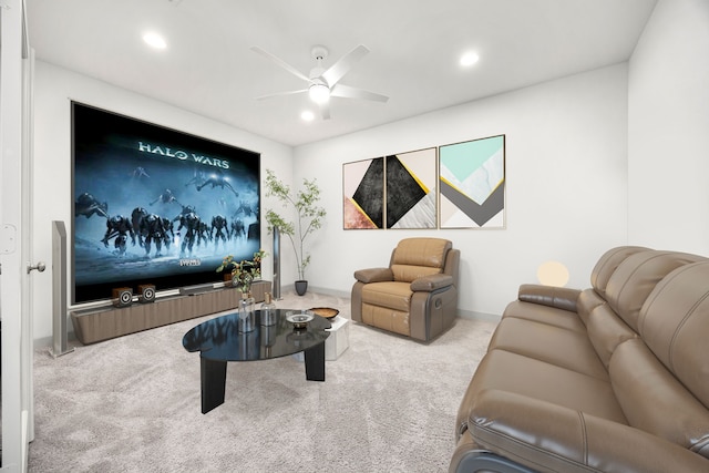 carpeted home theater room featuring ceiling fan, baseboards, and recessed lighting