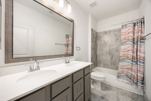 full bathroom with double vanity, shower / bathtub combination with curtain, visible vents, and a sink