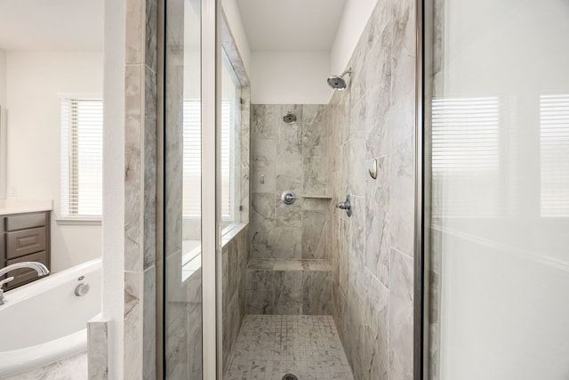 bathroom featuring a healthy amount of sunlight, a shower stall, and a bath