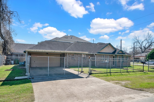 view of front of property with a fenced front yard, a front yard, a gate, and driveway
