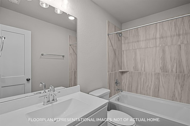 bathroom featuring toilet, a textured wall, vanity, and shower / bathing tub combination