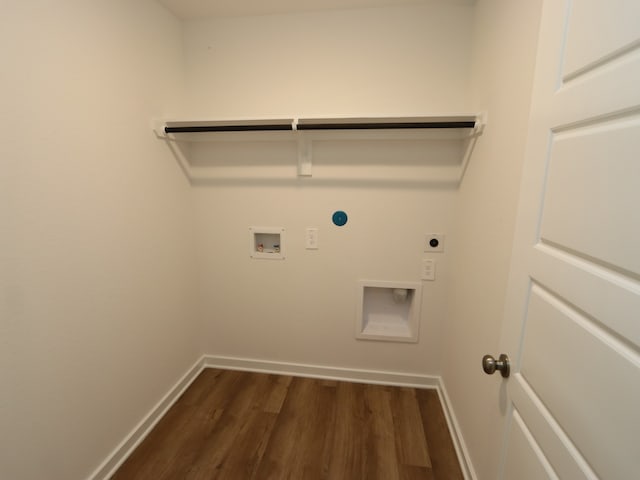 22450 Birchfield Grove Ln, New Caney, TX 77357 - laundry area featuring hookup for an electric dryer, dark wood-style floors, baseboards, washer hookup, and gas dryer hookup