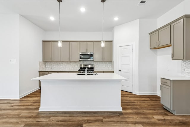 22450 Birchfield Grove Ln, New Caney, TX 77357 - kitchen with appliances with stainless steel finishes, gray cabinets, decorative backsplash, dark wood-style floors, and recessed lighting