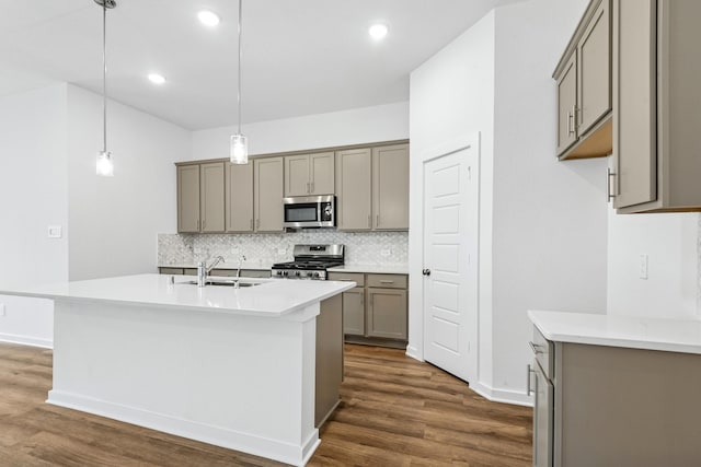 22450 Birchfield Grove Ln, New Caney, TX 77357 - kitchen with stainless steel appliances, gray cabinets, dark wood finished floors, decorative backsplash, and recessed lighting