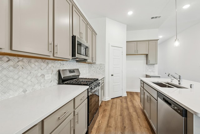 22450 Birchfield Grove Ln, New Caney, TX 77357 - kitchen with stainless steel appliances, gray cabinetry, light wood-style flooring, decorative light fixtures, and tasteful backsplash