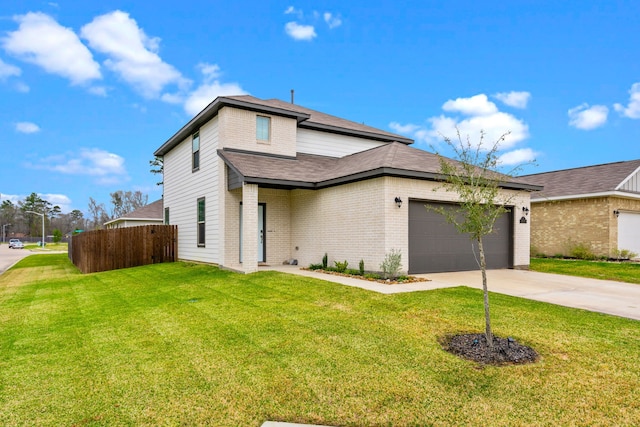 view of front facade featuring a front yard, concrete driveway, brick siding, and an attached garage