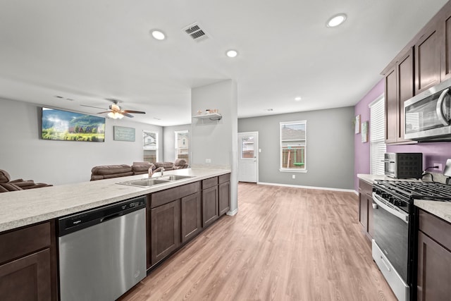 kitchen with appliances with stainless steel finishes, open floor plan, visible vents, and a sink