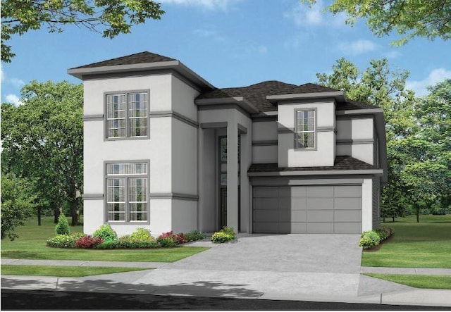 view of front of property featuring a garage, a shingled roof, concrete driveway, stucco siding, and a front lawn