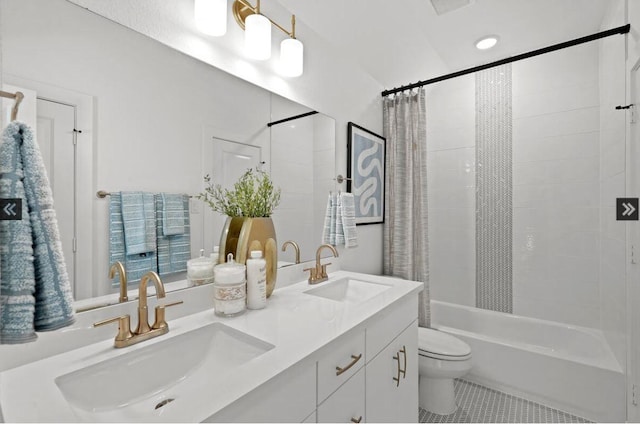 full bath featuring toilet, shower / tub combo, tile patterned flooring, and a sink