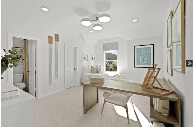 home office featuring recessed lighting, lofted ceiling, an inviting chandelier, and carpet floors