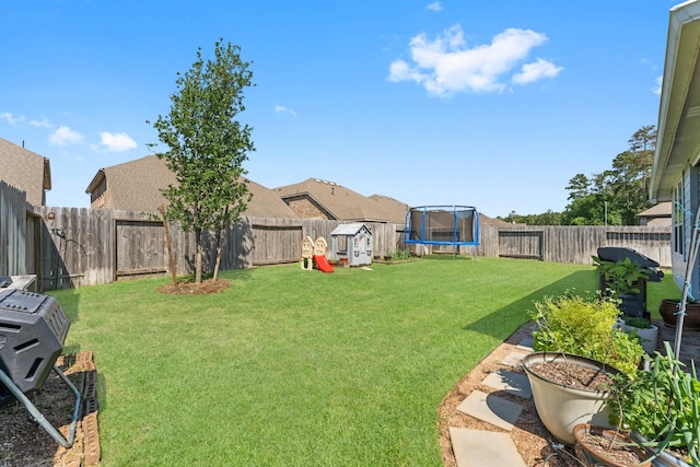 view of yard featuring a fenced backyard and a trampoline