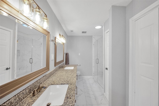 3048 Gessner Rd, Houston, TX 77080 - bathroom with marble look tiles, toilet, a marble finish shower, and double vanity