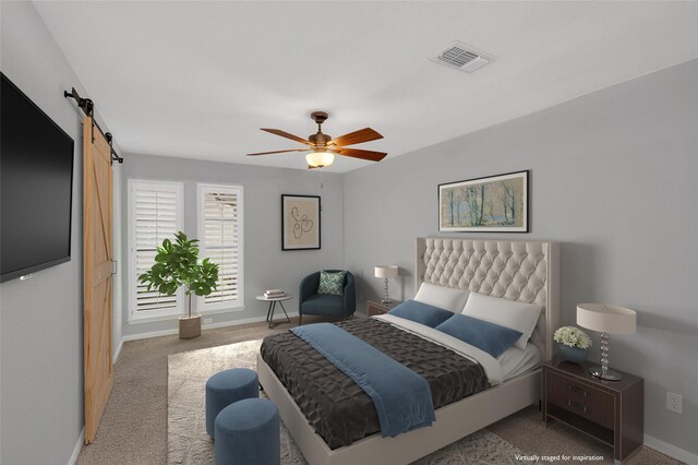 3048 Gessner Rd, Houston, TX 77080 - bedroom with carpet, a barn door, baseboards, and ceiling fan