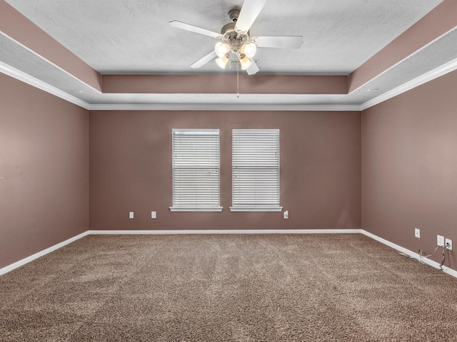 empty room with a textured ceiling, carpet, a raised ceiling, and baseboards