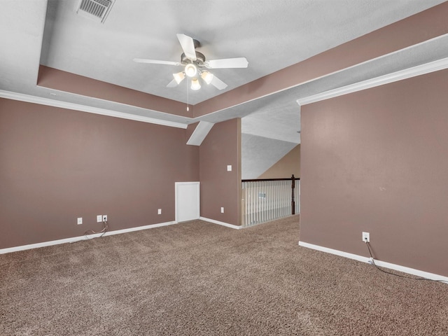 bonus room with ceiling fan, carpet, visible vents, and baseboards