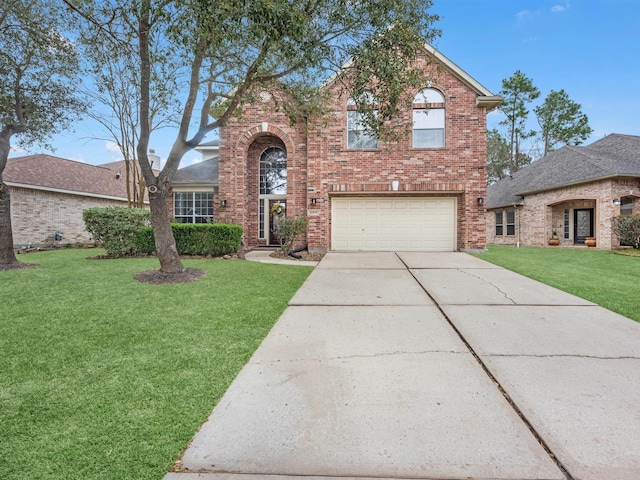 traditional-style house featuring driveway, brick siding, a front lawn, and an attached garage