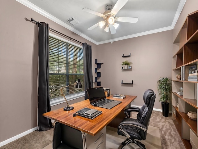 office area featuring ornamental molding, light carpet, ceiling fan, and visible vents