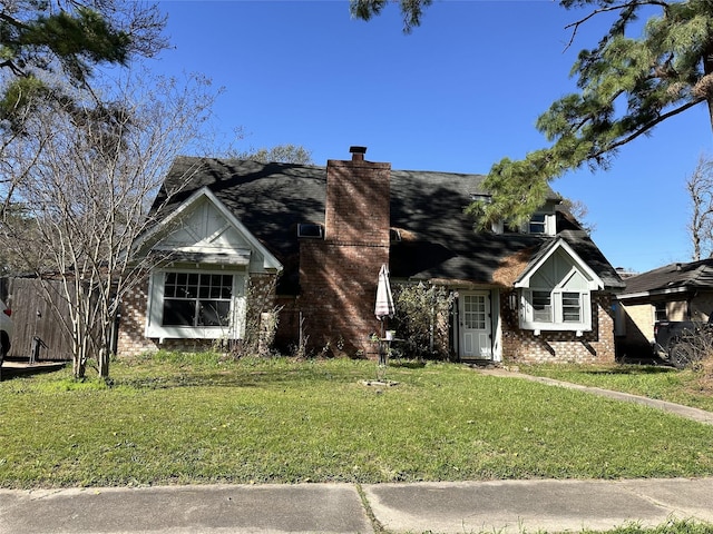 view of front of house with a chimney, a front lawn, and brick siding