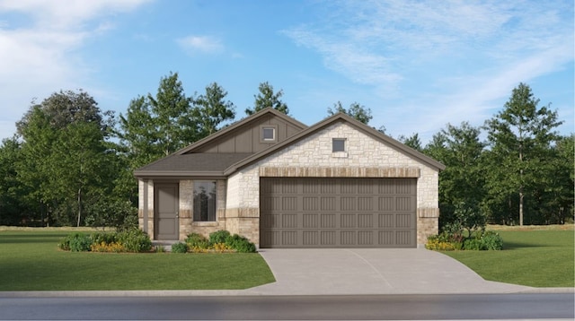 view of front of home with a garage, a front yard, stone siding, and driveway