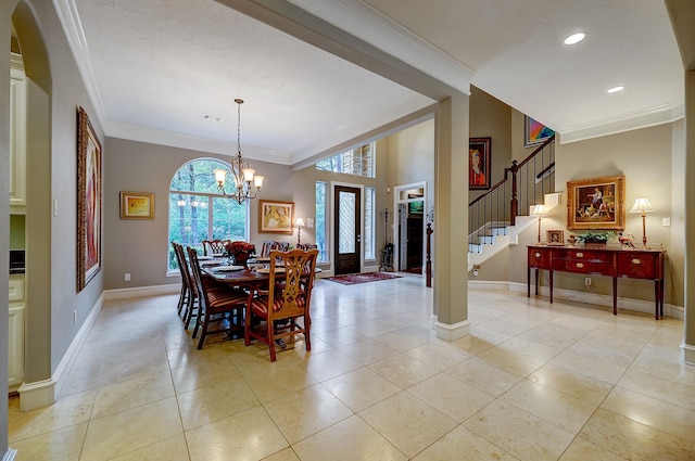 37314 Edgewater Dr, Pinehurst, TX 77362 - dining area with stairs, crown molding, baseboards, a chandelier, and recessed lighting