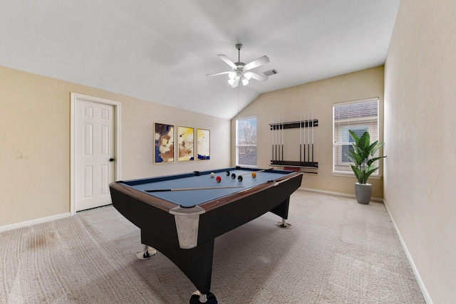 game room featuring a healthy amount of sunlight, ceiling fan, vaulted ceiling, and carpet flooring