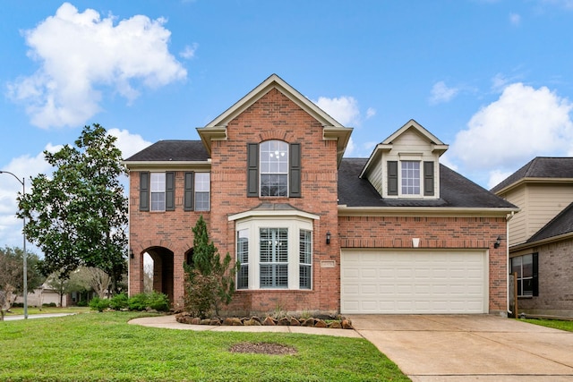 traditional-style house featuring a garage, concrete driveway, brick siding, and a front yard