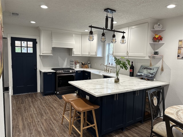 kitchen featuring stainless steel appliances, a peninsula, a sink, custom exhaust hood, and dark wood-style floors