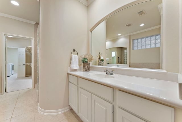 bathroom featuring recessed lighting, visible vents, vanity, ornamental molding, and tile patterned floors