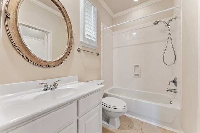 full bathroom with toilet, tile patterned floors, crown molding, vanity, and washtub / shower combination