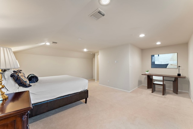 bedroom with visible vents, light carpet, recessed lighting, baseboards, and vaulted ceiling