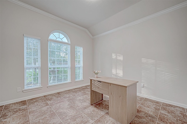 unfurnished office with lofted ceiling, ornamental molding, and baseboards