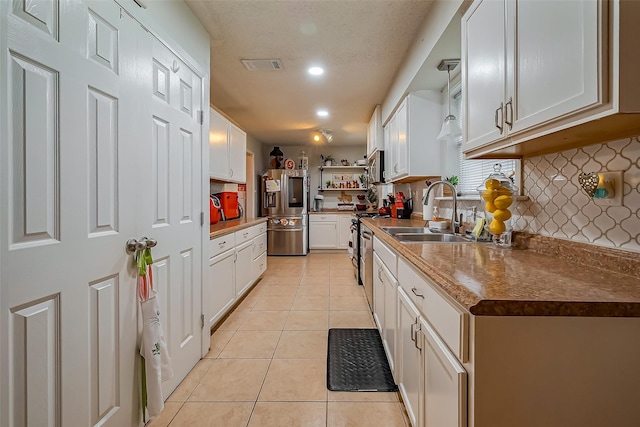 kitchen with open shelves, light tile patterned floors, visible vents, white cabinets, and stainless steel fridge with ice dispenser