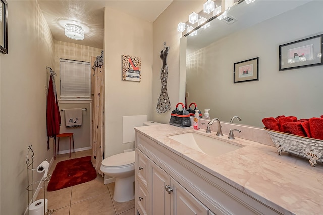 full bath featuring curtained shower, visible vents, toilet, vanity, and tile patterned floors