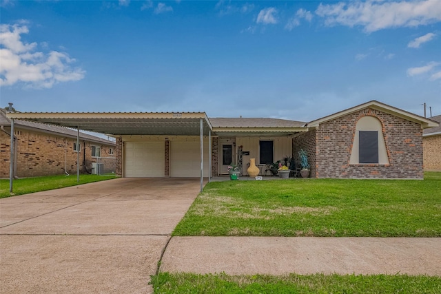 single story home with a garage, driveway, brick siding, and a front yard