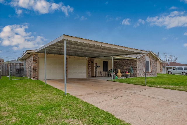 single story home with a carport, brick siding, fence, and a front lawn