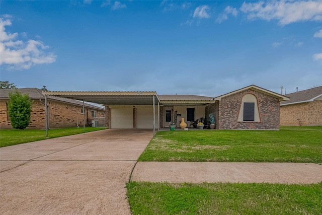 ranch-style house with an attached garage, brick siding, concrete driveway, a carport, and a front lawn