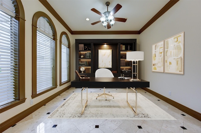 home office featuring ceiling fan, ornamental molding, and baseboards