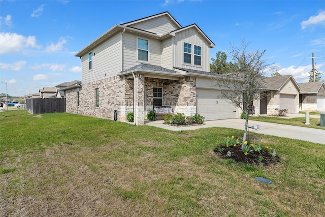 view of front of property with driveway, fence, a front lawn, board and batten siding, and brick siding