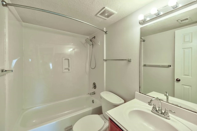 full bathroom with a textured ceiling, shower / bathtub combination, toilet, vanity, and visible vents