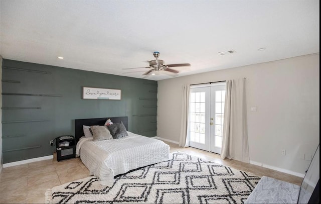 bedroom featuring french doors, light tile patterned floors, visible vents, access to outside, and baseboards