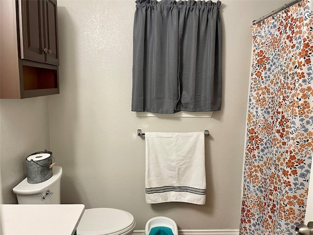 full bathroom featuring toilet, curtained shower, and vanity